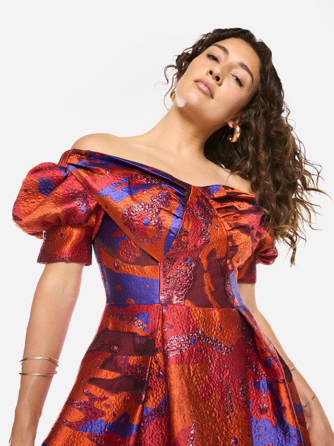 House of Moda Abstract Texture Off-Shoulder Flare Midi Dress - Image 4