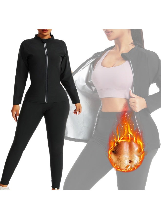 بدلة ساونا نسائية | بلوزة بأكمام طويلة + بنطال بخصر عالٍ | مجموعة تمارين رياضية لتحسين التعرق وتشكيل الجسم (مقاس XXL) - Image 1