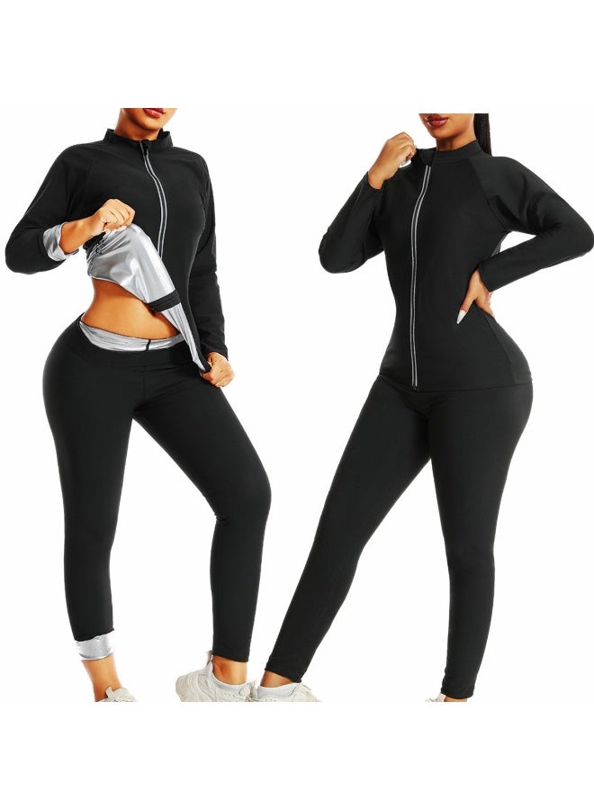 بدلة ساونا نسائية | بلوزة بأكمام طويلة + بنطال بخصر عالٍ | مجموعة تمارين رياضية لتحسين التعرق وتشكيل الجسم (مقاس XXL) - Image 4