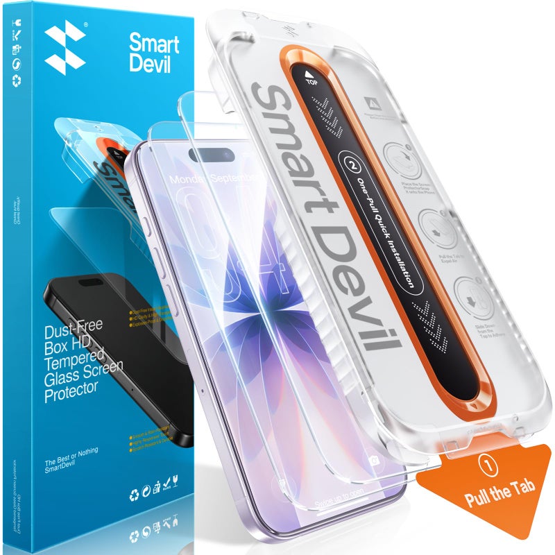 SMARTDEVIL 2 Pack Screen Protector for iPhone 17, 9H Hardness Military Grade Shatterproof HD Clear Tempered Glass, Easy to Install, Auto Bubble-Free and Dust-Free Box, Case Friendly - Image 1