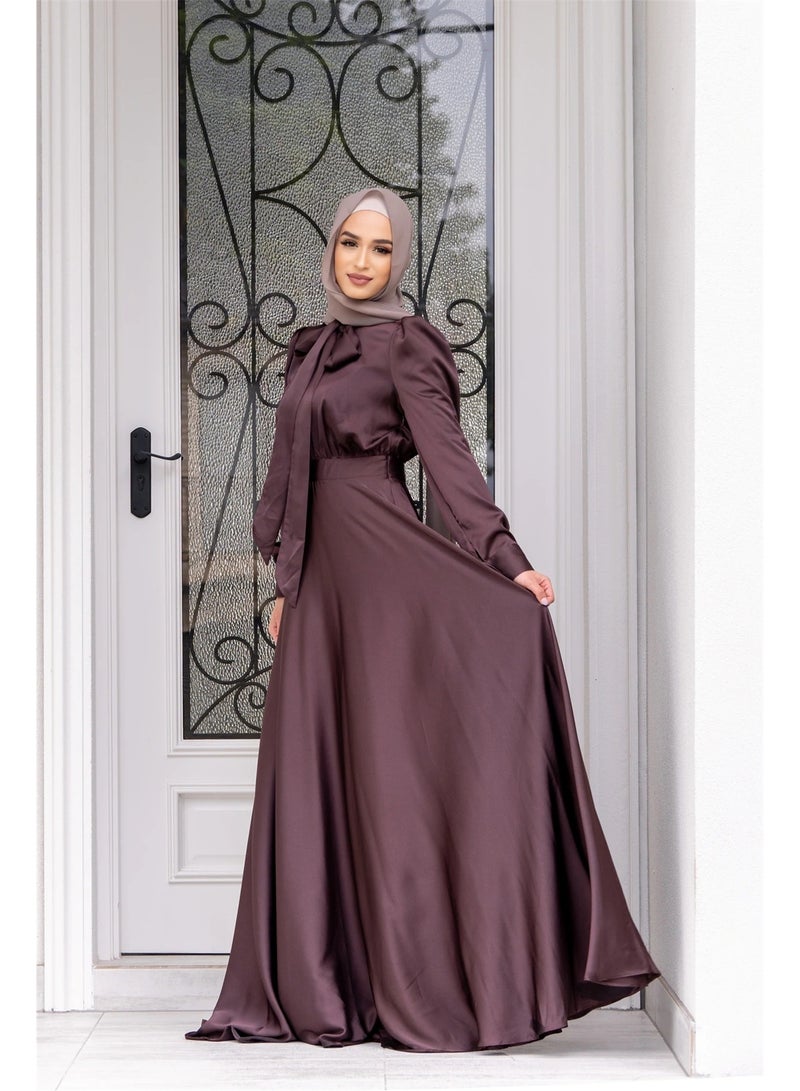 Elegant Muslim Women's Satin Maxi Dress - Modest Flared Hem Long Sleeve Gown - Image 1