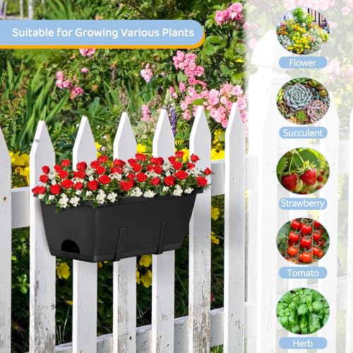 smusei 4 Pack Window Boxes Planters 17 Railing Planter Box with Adjustable Brackets Deck Railing Hanging Flower Pots Rectangular Herb Planter for Outdoor Fence Garden Balcony Decor - Image 3