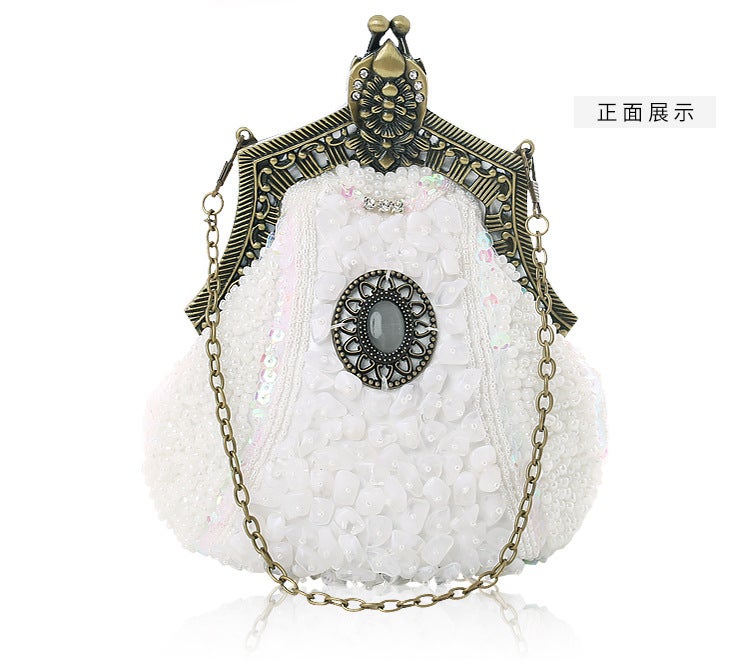 Vintage Beaded Banquet Clutch Elegant Cheongsam Purse White