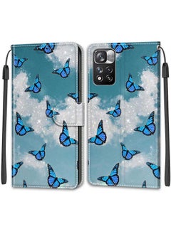 Voltage Painted Leather Case For Red Rice Note12pro Mobile Phone Case Flip Card Wallet For Xiaomi12T Protective Case-Color:White Cloud Blue Butterfly-Applicable Model:Redmi 9 Power/note9 4G