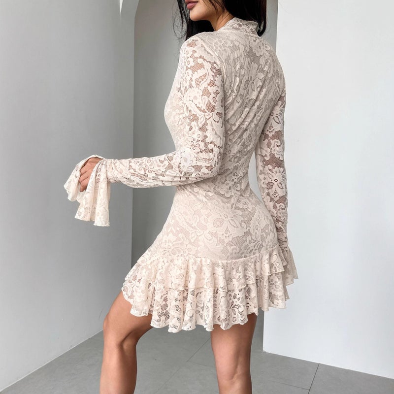 2025 Autumn Lace V-Neck Double Ruffle Bodycon Dress - Image 2