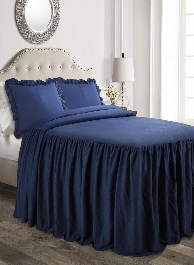 Lush Decor Lush Decor Ruffle Skirt Bedspread Vintage Chic Farmhouse Style Lightweight 3 Piece Set, King, Navy 