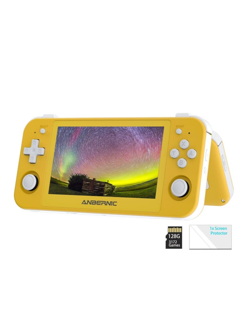 ANBERNIC  RG505 Retro Game Handheld Game Console with 128GB TF-card Built-in 3000+ Games, 4.95-inch OLED Touch Screen with Android 12 System, Unisoc Tiger T618 and Compatible with Google Play Store (Yellow)  - Image 1