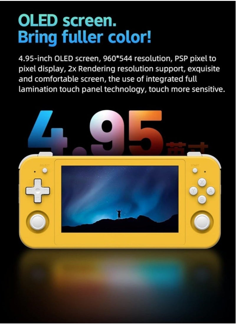 ANBERNIC  RG505 Retro Game Handheld Game Console with 128GB TF-card Built-in 3000+ Games, 4.95-inch OLED Touch Screen with Android 12 System, Unisoc Tiger T618 and Compatible with Google Play Store (Yellow)  - Image 3