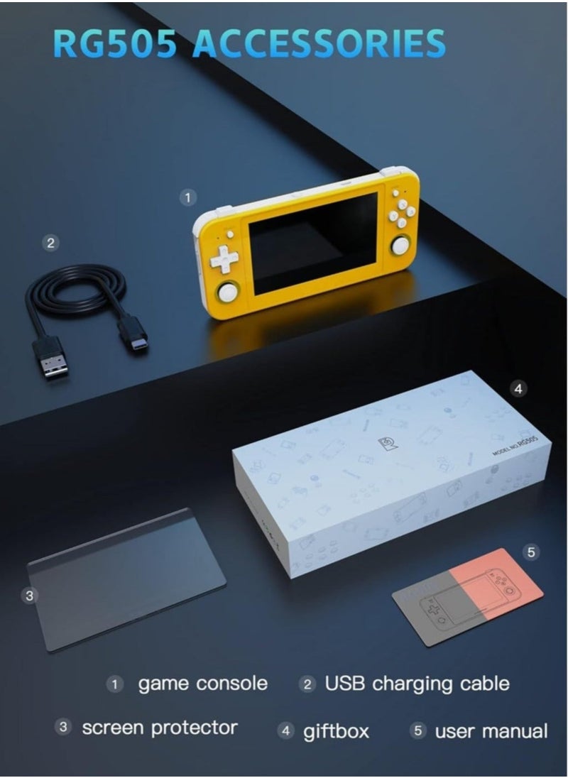 ANBERNIC  - RG505 Retro Game Handheld Game Console with 128GB TF-card Built-in 3000+ Games, 4.95-inch OLED Touch Screen with Android 12 System, Unisoc Tiger T618 and Compatible with Google Play Store (Yellow) - Image 1