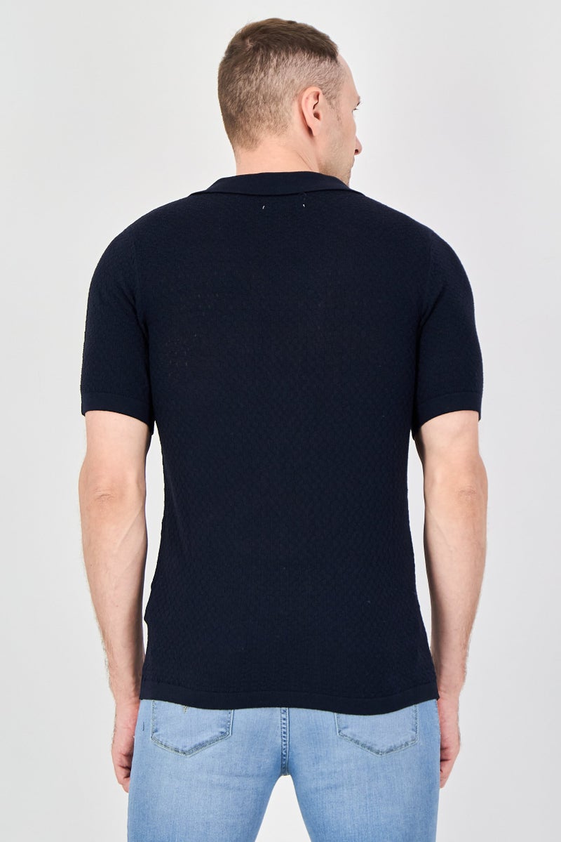 Threadbare Men Regular Fit Knitted Short Sleeve Casual Shirt, Navy - Image 3