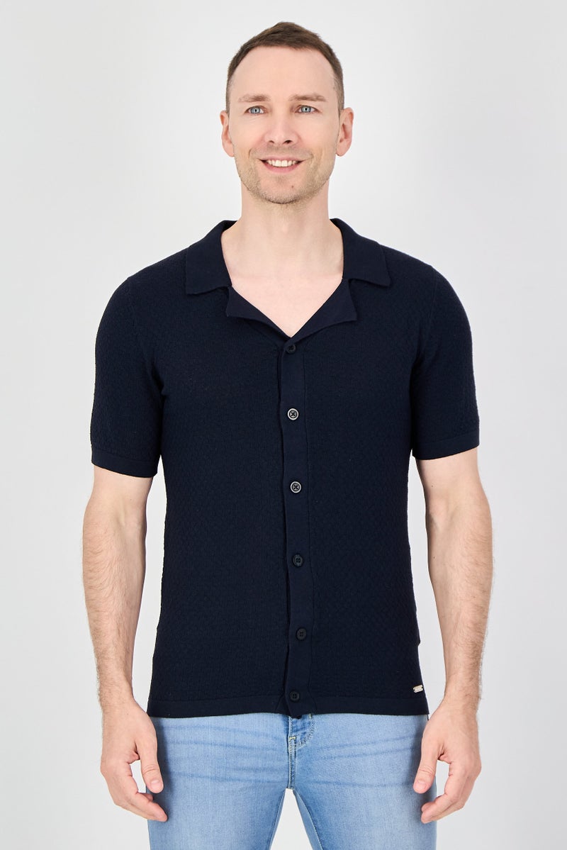 Threadbare Men Regular Fit Knitted Short Sleeve Casual Shirt, Navy - Image 1