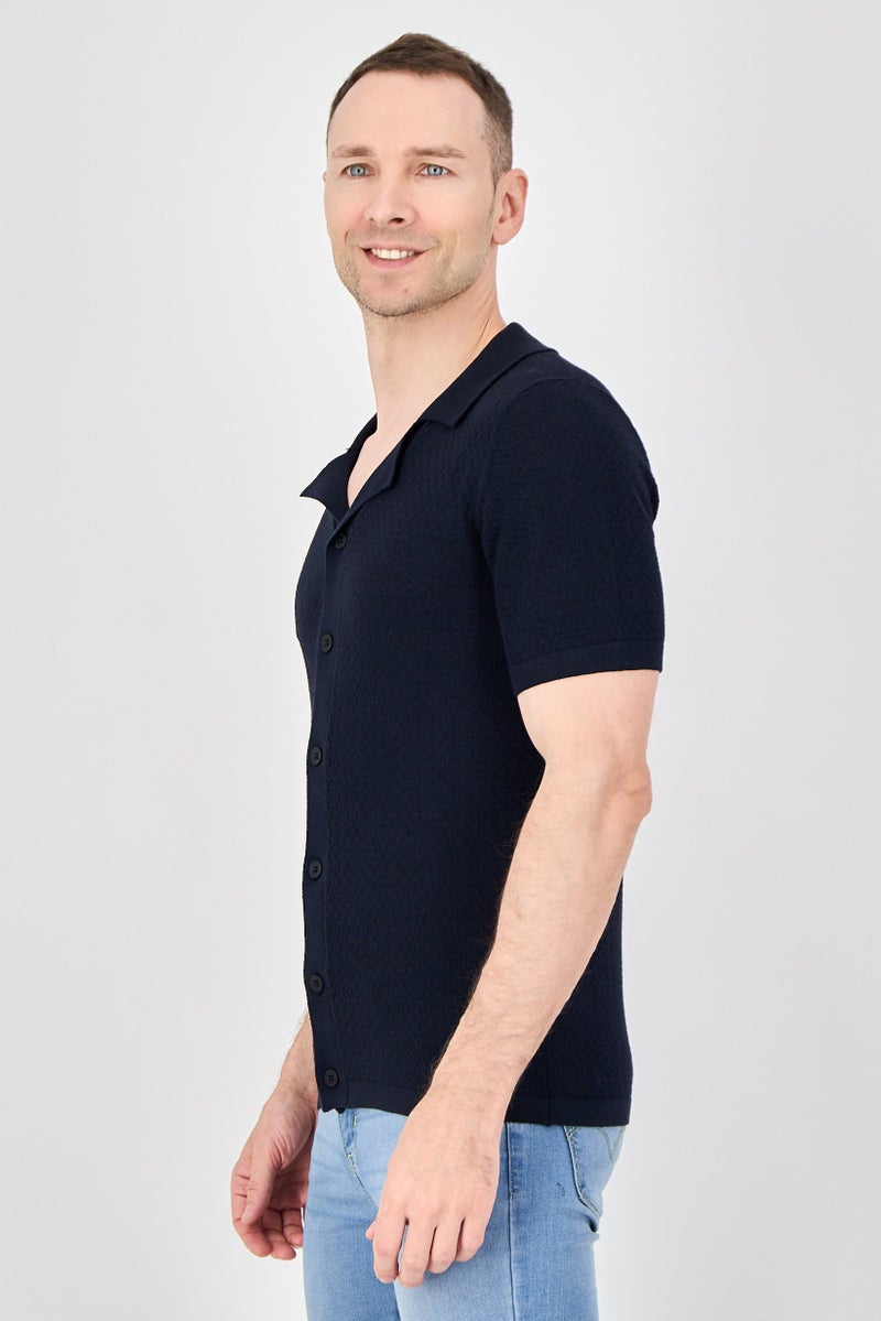 Threadbare Men Regular Fit Knitted Short Sleeve Casual Shirt, Navy - Image 2