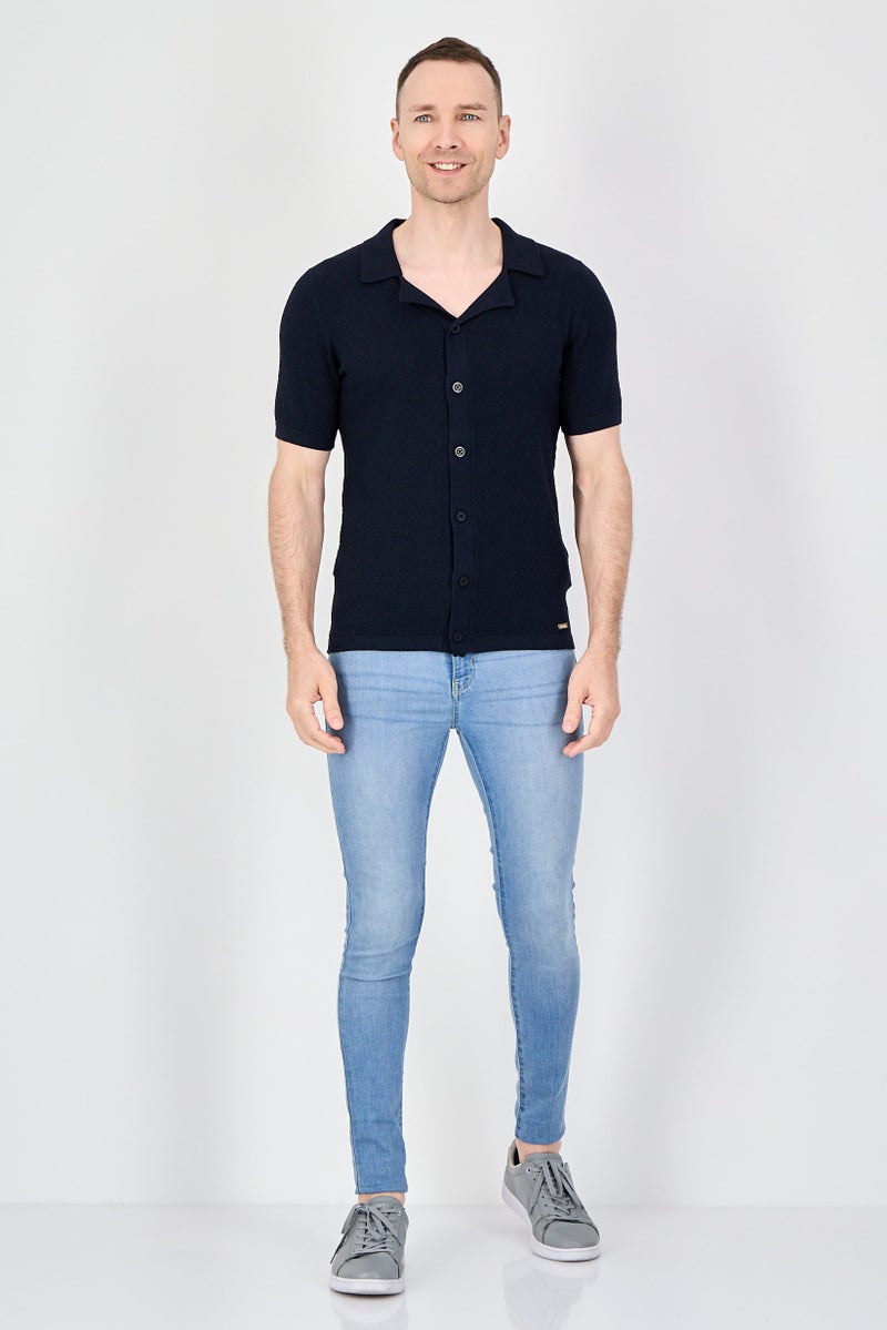 Threadbare Men Regular Fit Knitted Short Sleeve Casual Shirt, Navy - Image 4