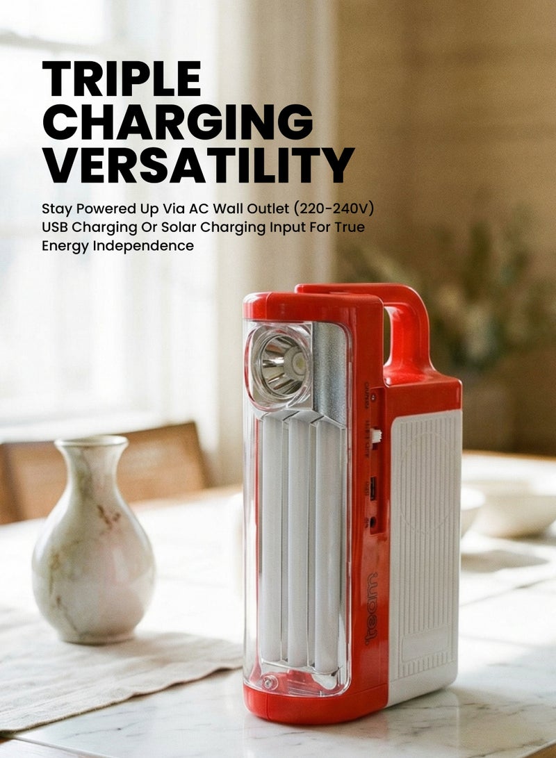 تيم Team Rechargeable Emergency Lantern, 3W High Power Torch, 3 LED Tubes, 6V 4.5Ah Battery, USB Mobile Charging, Overcharge Protection, 6–10Hr Backup, Portable LED Camping Light for Home, Outdoor & Power Cuts - Image 2