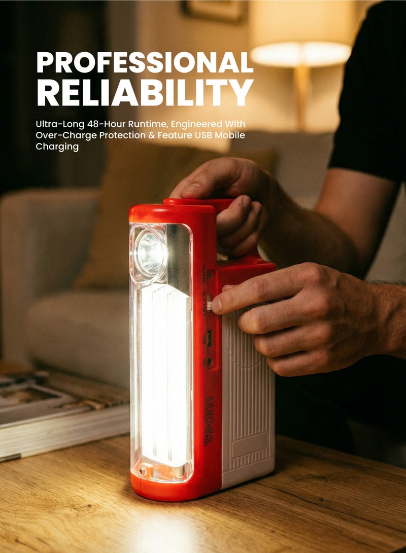 تيم Team Rechargeable Emergency Lantern, 3W High Power Torch, 3 LED Tubes, 6V 4.5Ah Battery, USB Mobile Charging, Overcharge Protection, 6–10Hr Backup, Portable LED Camping Light for Home, Outdoor & Power Cuts - Image 4