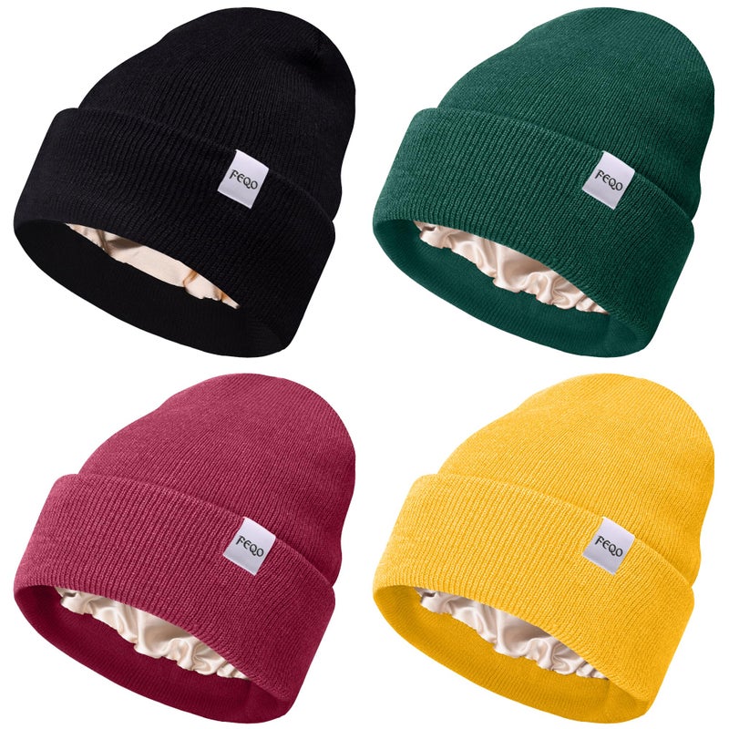 FEQO 4 Pack Satin Lined Winter Beanie Hats Soft Silk Lined Beanies Knit Warm Cuffed Hats for Women Men(Black, Yellow, Olive Green, Hot Pink) - Image 1