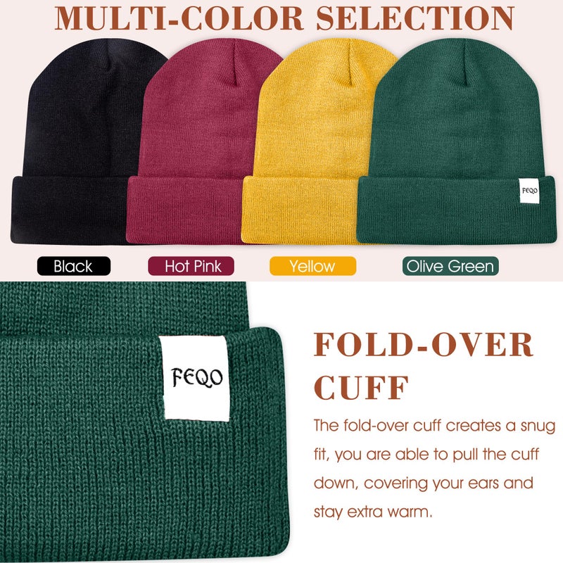 FEQO 4 Pack Satin Lined Winter Beanie Hats Soft Silk Lined Beanies Knit Warm Cuffed Hats for Women Men(Black, Yellow, Olive Green, Hot Pink) - Image 5
