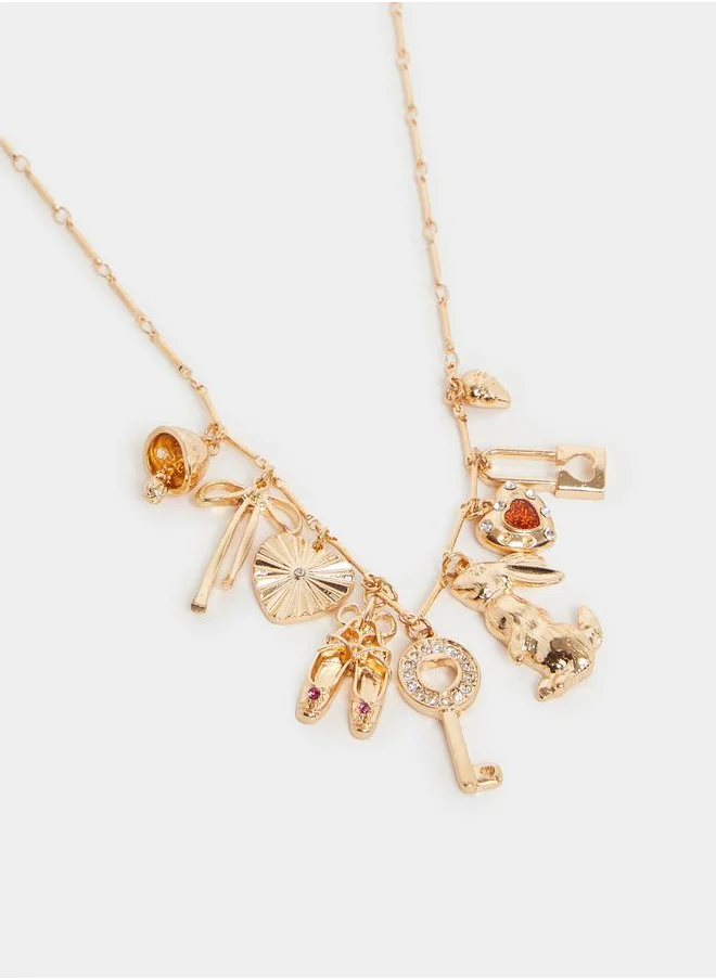Styli Faux Pearl Embellished Multi Charm Necklace