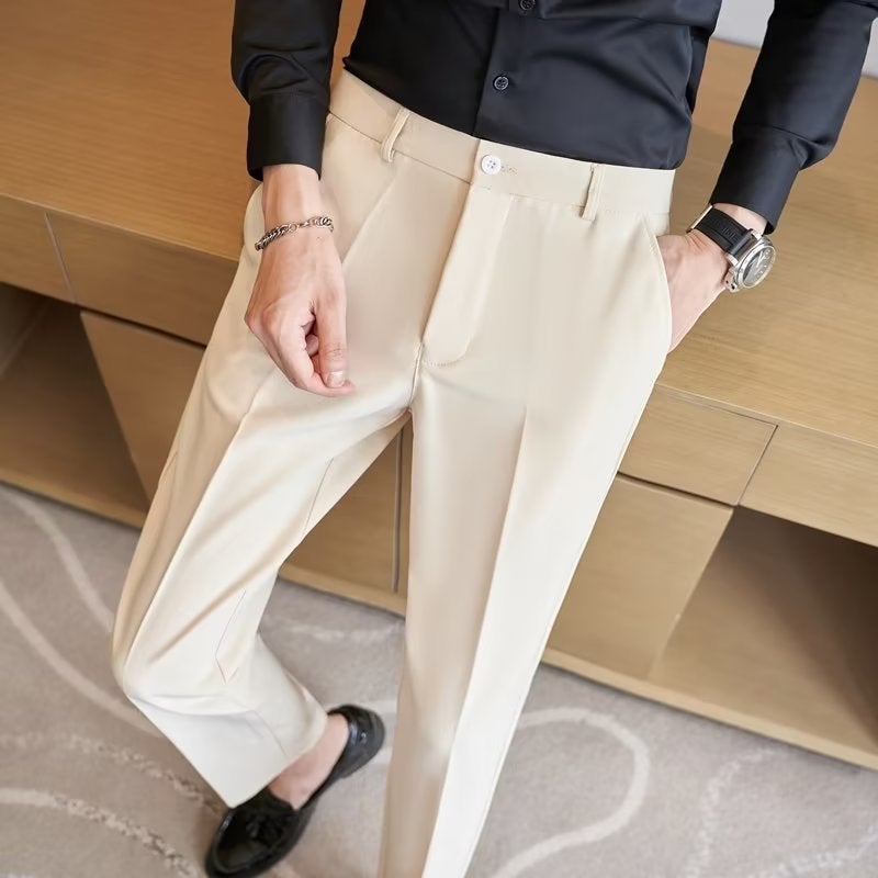 Spring Stretch Men'S Casual Cropped Pants Black Slim Straight Business Drape Suit Trousers Men - Image 2