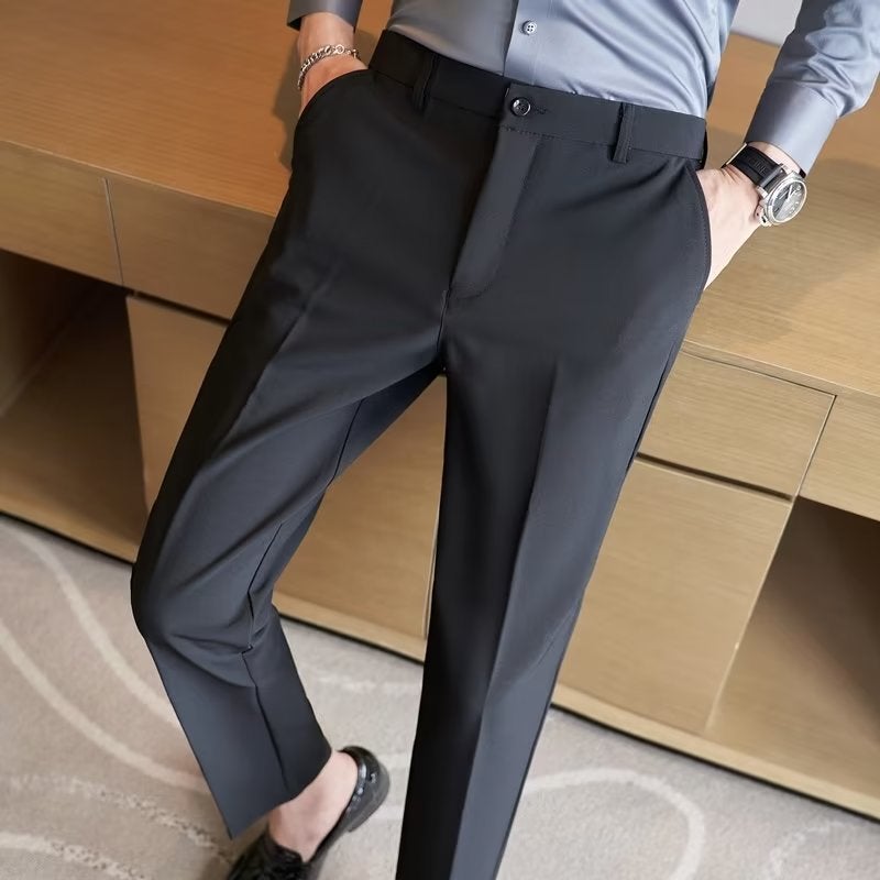 Spring Stretch Men'S Casual Cropped Pants Black Slim Straight Business Drape Suit Trousers Men - Image 1