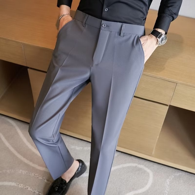 Spring Stretch Men'S Casual Cropped Pants Black Slim Straight Business Drape Suit Trousers Men - Image 5
