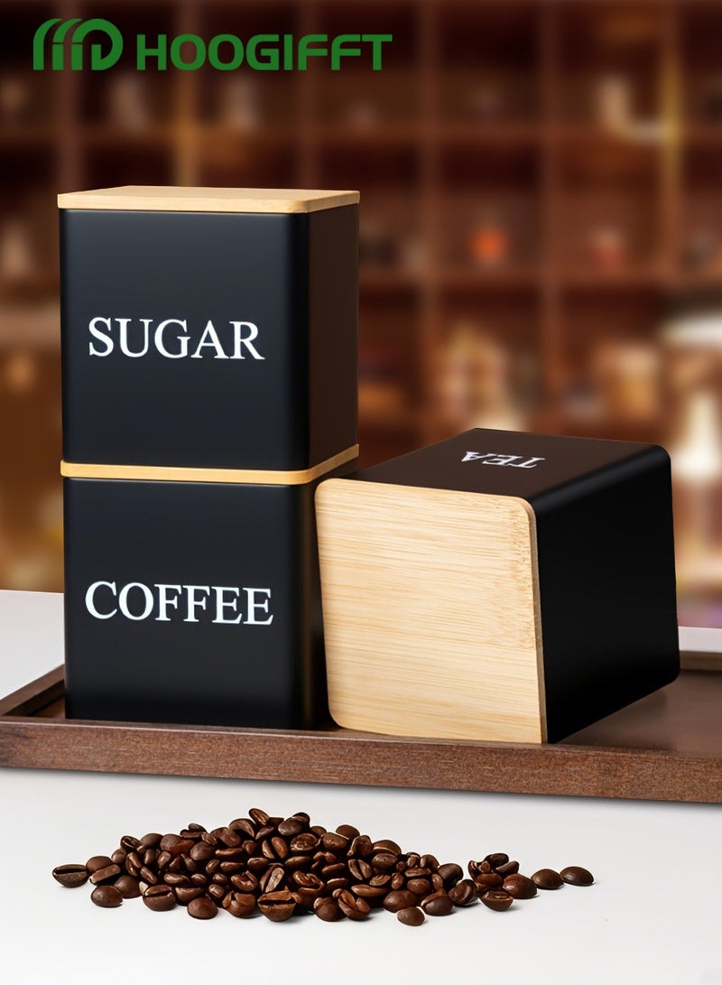 هوغيفت مجموعة علب تخزين القهوة المحكمة الإغلاق – 3 قطع علب معدنية للمطبخ مع أغطية من الخيزران لتخزين حبوب القهوة والشاي وتنظيم المطبخ - Image 1