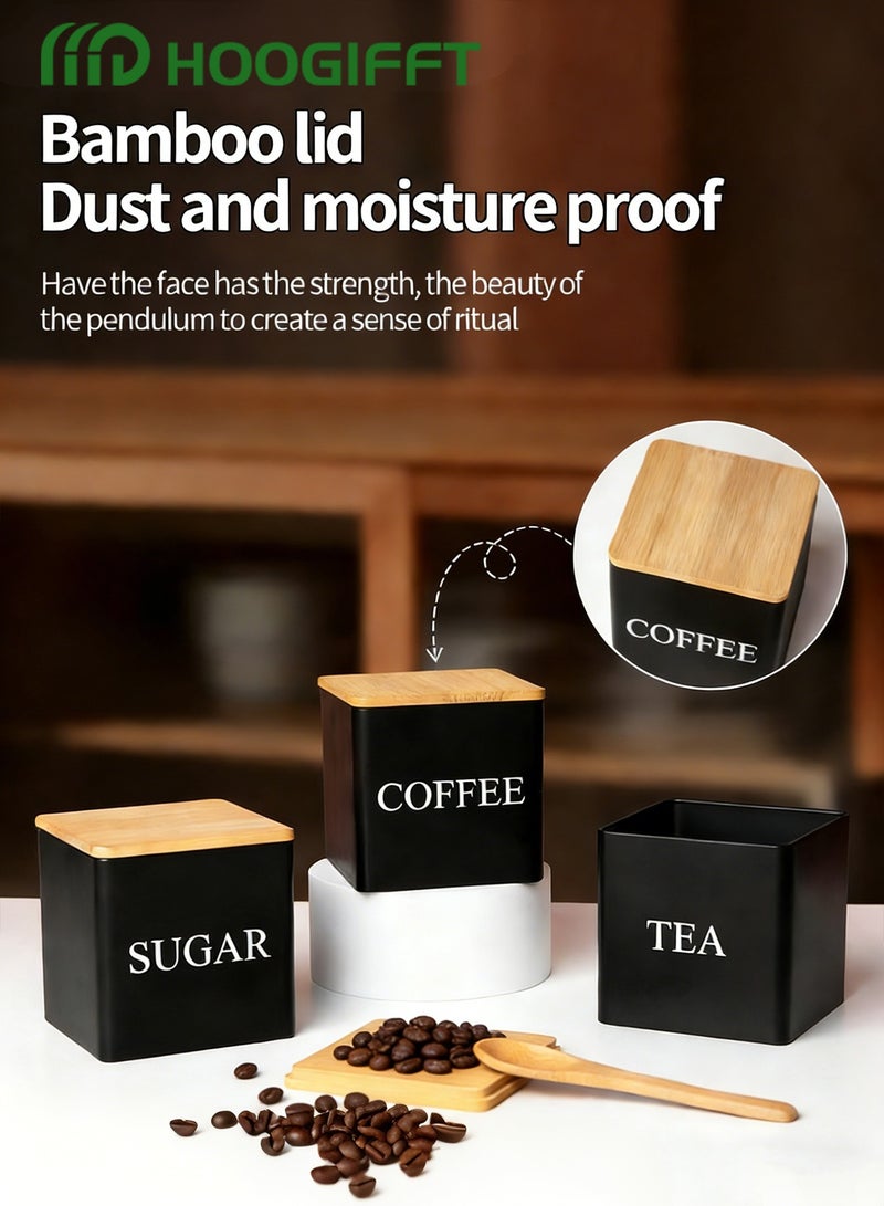 هوغيفت مجموعة علب تخزين القهوة المحكمة الإغلاق – 3 قطع علب معدنية للمطبخ مع أغطية من الخيزران لتخزين حبوب القهوة والشاي وتنظيم المطبخ - Image 3