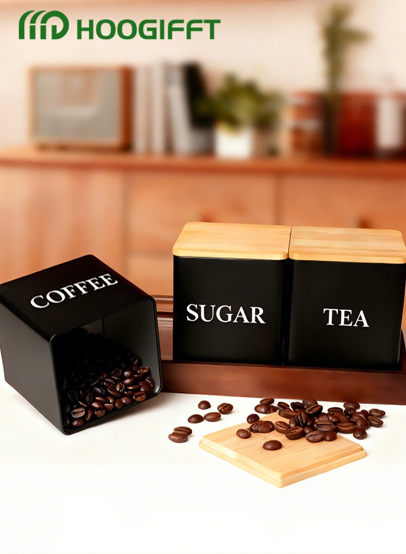 هوغيفت مجموعة علب تخزين القهوة المحكمة الإغلاق – 3 قطع علب معدنية للمطبخ مع أغطية من الخيزران لتخزين حبوب القهوة والشاي وتنظيم المطبخ - Image 5