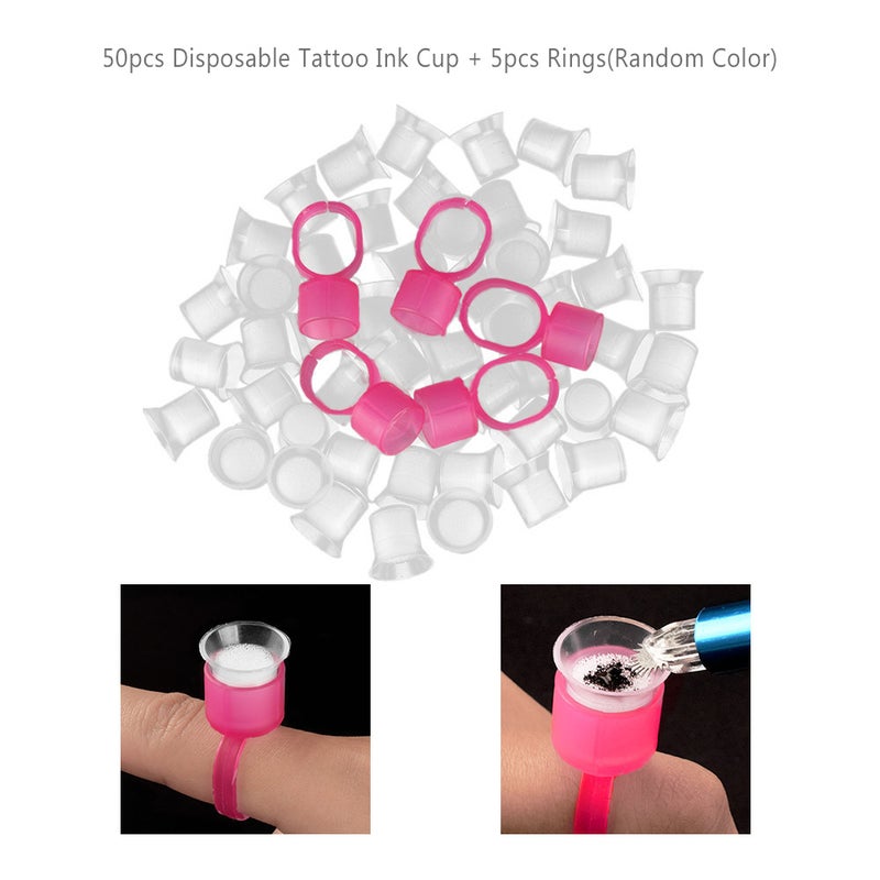 50pcs Disposable Tattoo Ink Cup +5pcs Rings Eyebrow Eyeliner Lip Tattoo Pigment Ink Holder with Sponge Microblading Tattooing Supply - Image 2