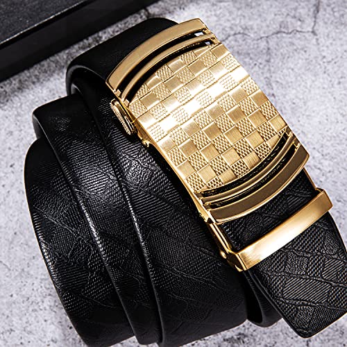 Dubulle Men's Ratchet Belt Fashion Gold Plaid Design Automatic Slid Buckle Black Ratchet Belt Trim to Fit Business Casual Belt with Exquisite Box - Image 3