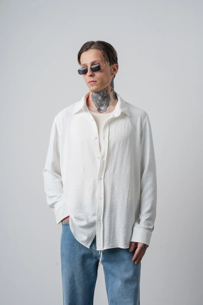 RESPIRE Men's Embroidered Long-Sleeve Aerobin Oversize Shirt White
