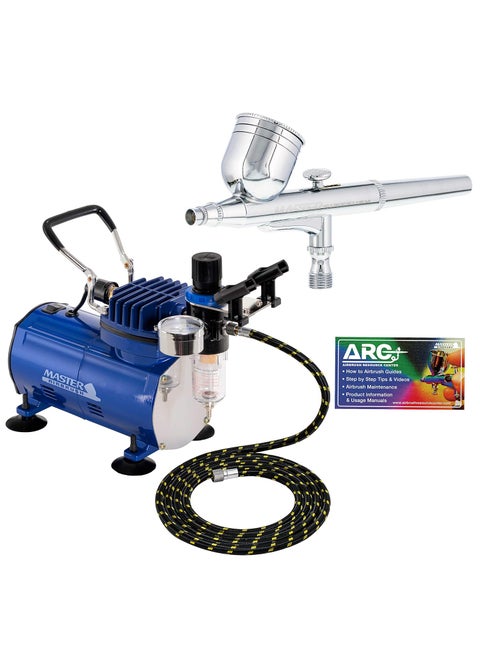 Master Airbrush Brand High Performance Multipurpose Gravity Feed Dualaction Airbrush Kit with 6 Foot Hose and a Powerful 15hp Single Piston Quiet Air CompressorThe Complete Set Now Includes a FREE How to Airbrush Training Book to Get You Started