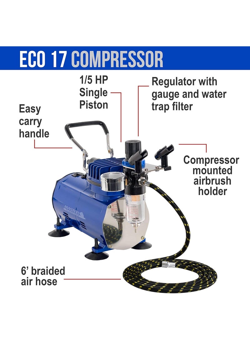 Master Airbrush Brand High Performance Multipurpose Gravity Feed Dualaction Airbrush Kit with 6 Foot Hose and a Powerful 15hp Single Piston Quiet Air CompressorThe Complete Set Now Includes a FREE How to Airbrush Training Book to Get You Started