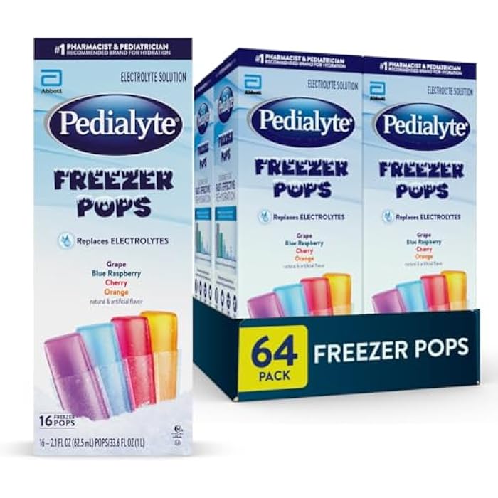 Pedialyte Electrolyte Solution Freezer Pops, Hydration Variety Pack— Grape, Blue Raspberry, Cherry, Orange, Pack of 64 - Image 1