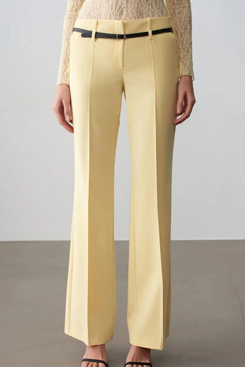 Dilvin Lemon Yellow DILVIN Belted Straight-Leg Crepe Trousers for Women | Best Price UAE