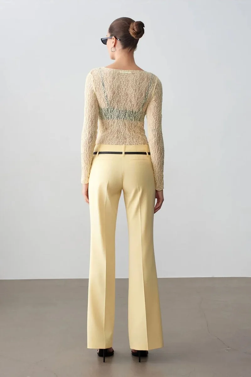 Dilvin Lemon Yellow DILVIN Belted Straight-Leg Crepe Trousers for Women | Best Price UAE