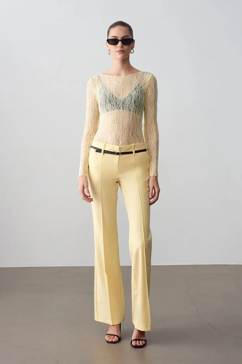 Dilvin Lemon Yellow DILVIN Belted Straight-Leg Crepe Trousers for Women | Best Price UAE