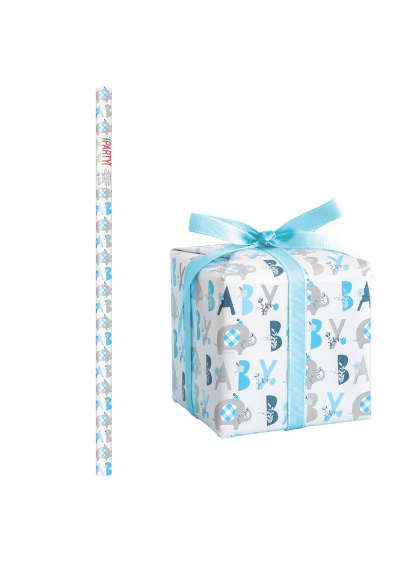 Unique Baby Shower Elephant Gift Wrap Blue Paper 76.2m Roll - Image 1