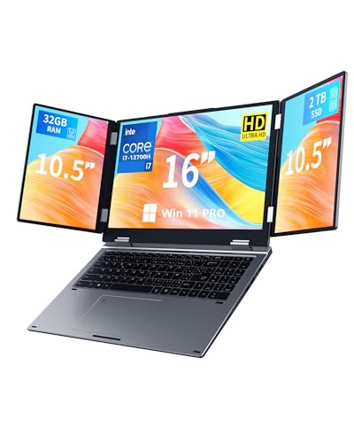 KOOFORWAY Triple Screen Laptop, 16" Main + Dual 10.5" Monitors, Core i7-12700H, 32GB RAM, 2TB SSD, Win 11 Pro, Wi-Fi 5, BT 5.0, Face & Fingerprint Unlock, USB-C, HDMI - Image 1