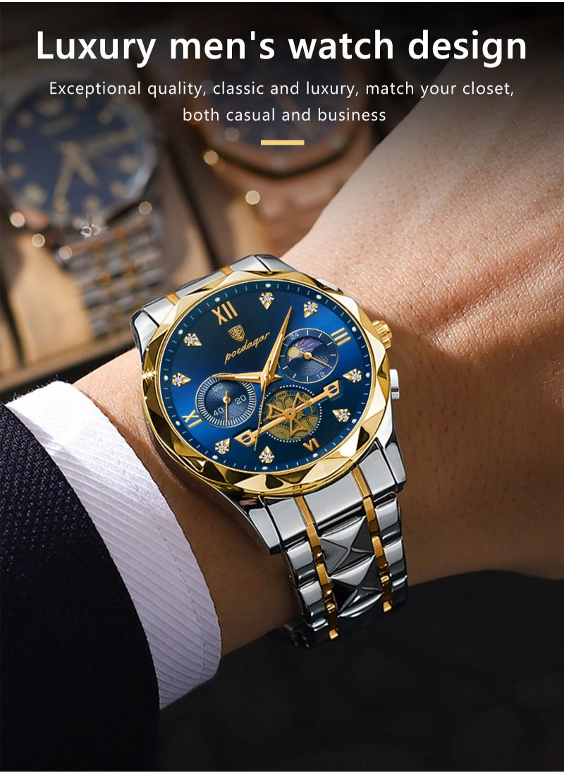POEDAGAR Luxury Men Wristwatch, Classic And Fashionable Quartz Watch, Waterproof Luminous Chronograph Watch, Business Style Stainless Steel Wrist Watch For Men, (Gold Black)  - Image 3