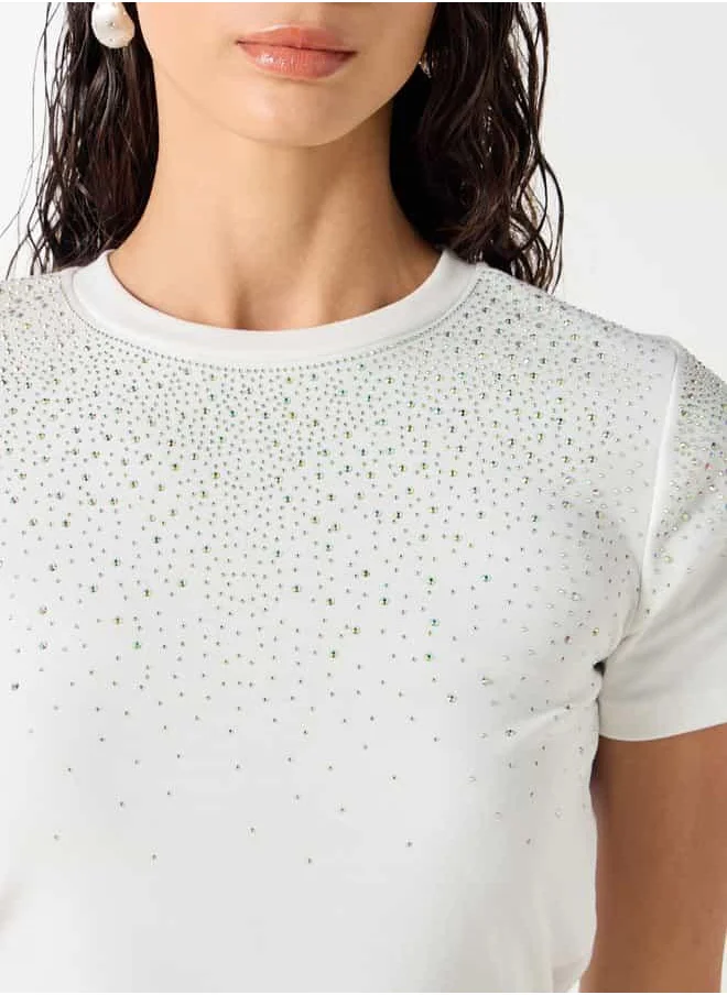 2Xtremz 2Xtremz Embellished Crew Neck T-shirt with Short Sleeves