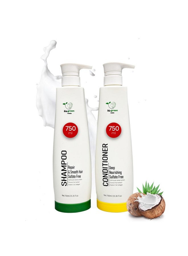 بيوجرين روتس شامبو وبلسم - عناية بالشعر خالية من الكبريتات مع بروتين القمح المحلل، مستخلص فاكهة جوز الهند، فيتامين E والكولاجين - ثنائي مغذي عميق لجميع أنواع الشعر - (2 زجاجة × 750 مل)
