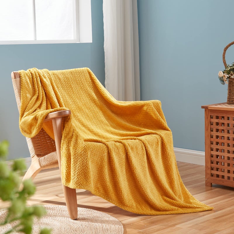 NEWCOSPLAY Super Soft Twin Blanket Mustard Yellow Premium Silky Flannel Fleece Leaves Pattern Lightweight Bed Blanket All Season Use (Mustard Yellow  Twin(60""x80"")) - Image 1