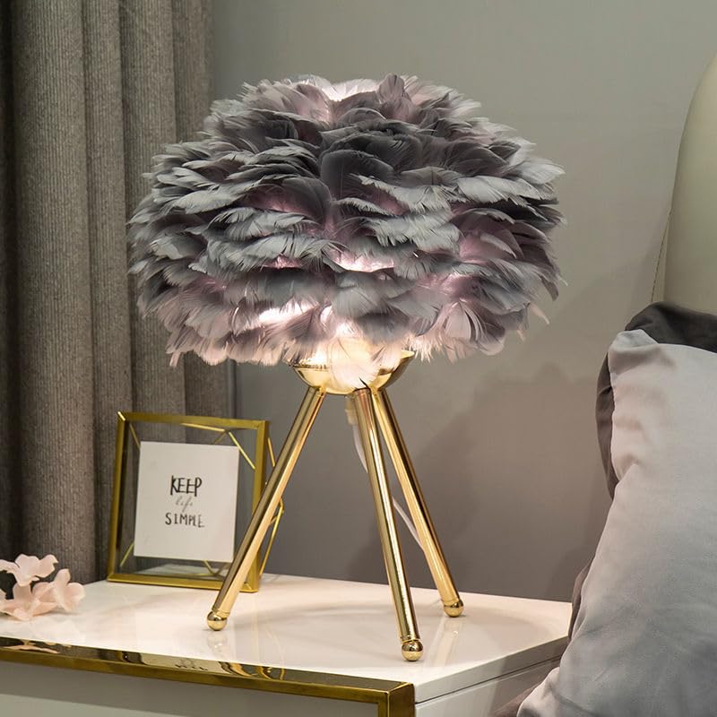 CITRA Desk Table Lamp with Grey Feather Shade Gold Base Home and Office Use - Warm White - Image 3
