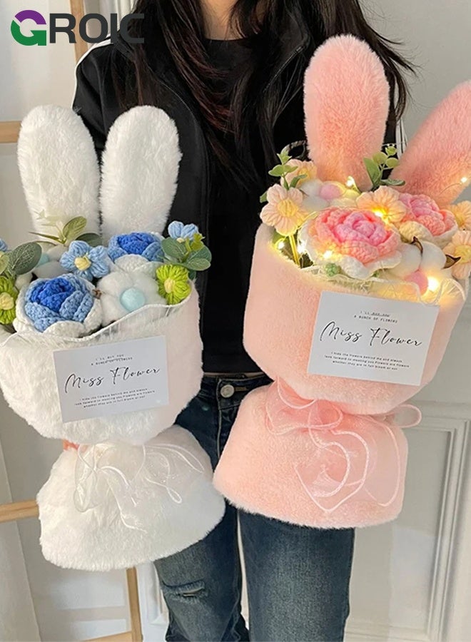 GROIC Knit Rose Bouquet, Knitted Artificial Flowers Bouquet Get Well Gifts for Women Girlfriend Family Coworker, Birthday Graduation Anniversary Gift, Pink Rabbit Ear Fuzzy Plush Flower Bouquet, Home Decor - Image 5