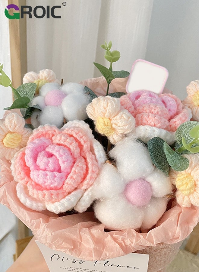 GROIC Knit Rose Bouquet, Knitted Artificial Flowers Bouquet Get Well Gifts for Women Girlfriend Family Coworker, Birthday Graduation Anniversary Gift, Pink Rabbit Ear Fuzzy Plush Flower Bouquet, Home Decor - Image 3