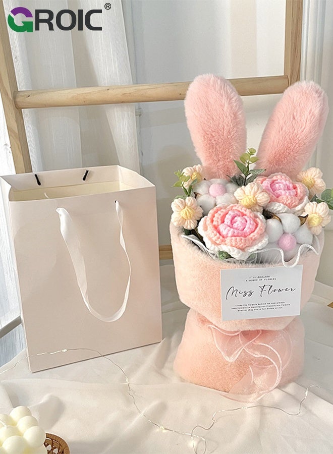 GROIC Knit Rose Bouquet, Knitted Artificial Flowers Bouquet Get Well Gifts for Women Girlfriend Family Coworker, Birthday Graduation Anniversary Gift, Pink Rabbit Ear Fuzzy Plush Flower Bouquet, Home Decor - Image 1