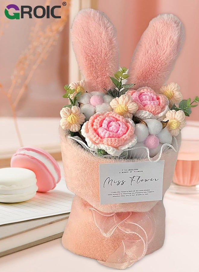 GROIC Knit Rose Bouquet, Knitted Artificial Flowers Bouquet Get Well Gifts for Women Girlfriend Family Coworker, Birthday Graduation Anniversary Gift, Pink Rabbit Ear Fuzzy Plush Flower Bouquet, Home Decor - Image 4