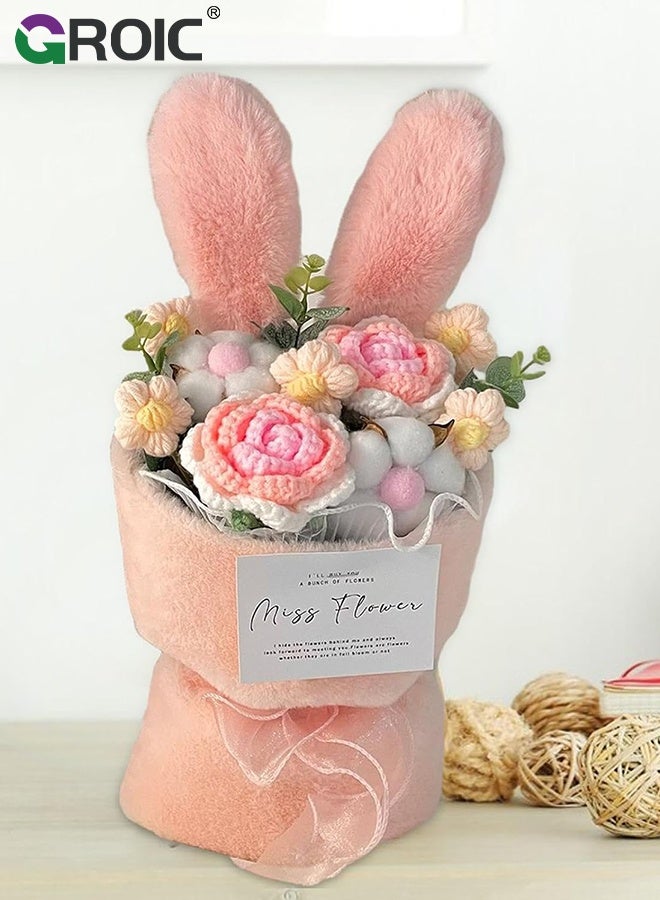GROIC Knit Rose Bouquet, Knitted Artificial Flowers Bouquet Get Well Gifts for Women Girlfriend Family Coworker, Birthday Graduation Anniversary Gift, Pink Rabbit Ear Fuzzy Plush Flower Bouquet, Home Decor - Image 2