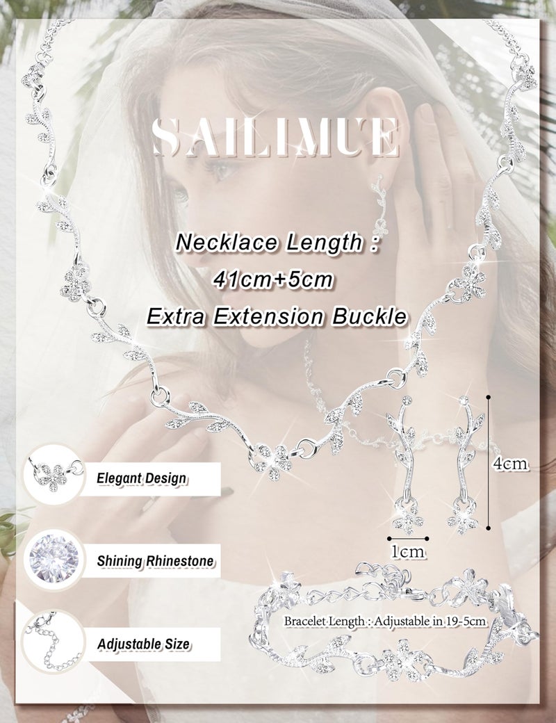 sailimue Wedding Jewelry Sets for Brides Women - Silver Plated Rhinestone Crystal Necklace Bracelet Earrings Wedding Prom jewelry Set Bridal Bridesmaid Costume Accessories - Image 2